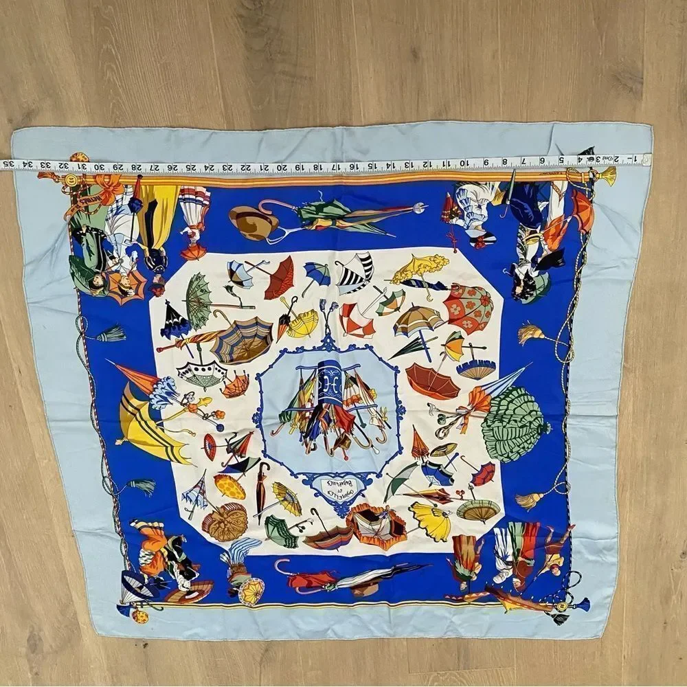 Hermes Blue Silk Square Scarf Ombrelles et Parapluies Umbrellas France 1998